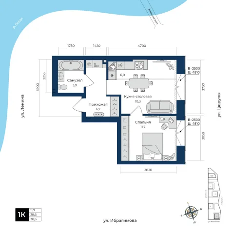 Планировка: 1-комнатная квартира 38,6 м², 16 этаж