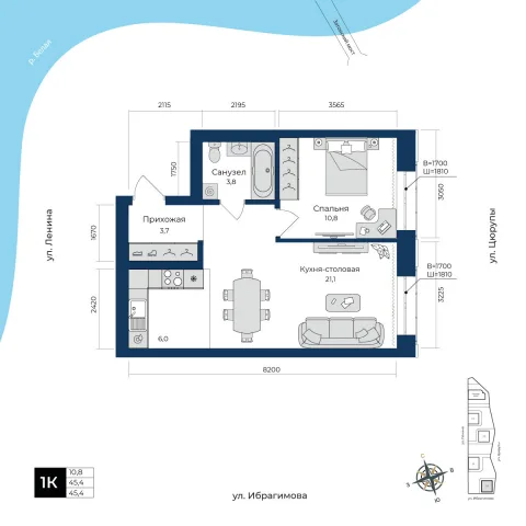 Планировка: 1-комнатная квартира 45,4 м², 2 этаж